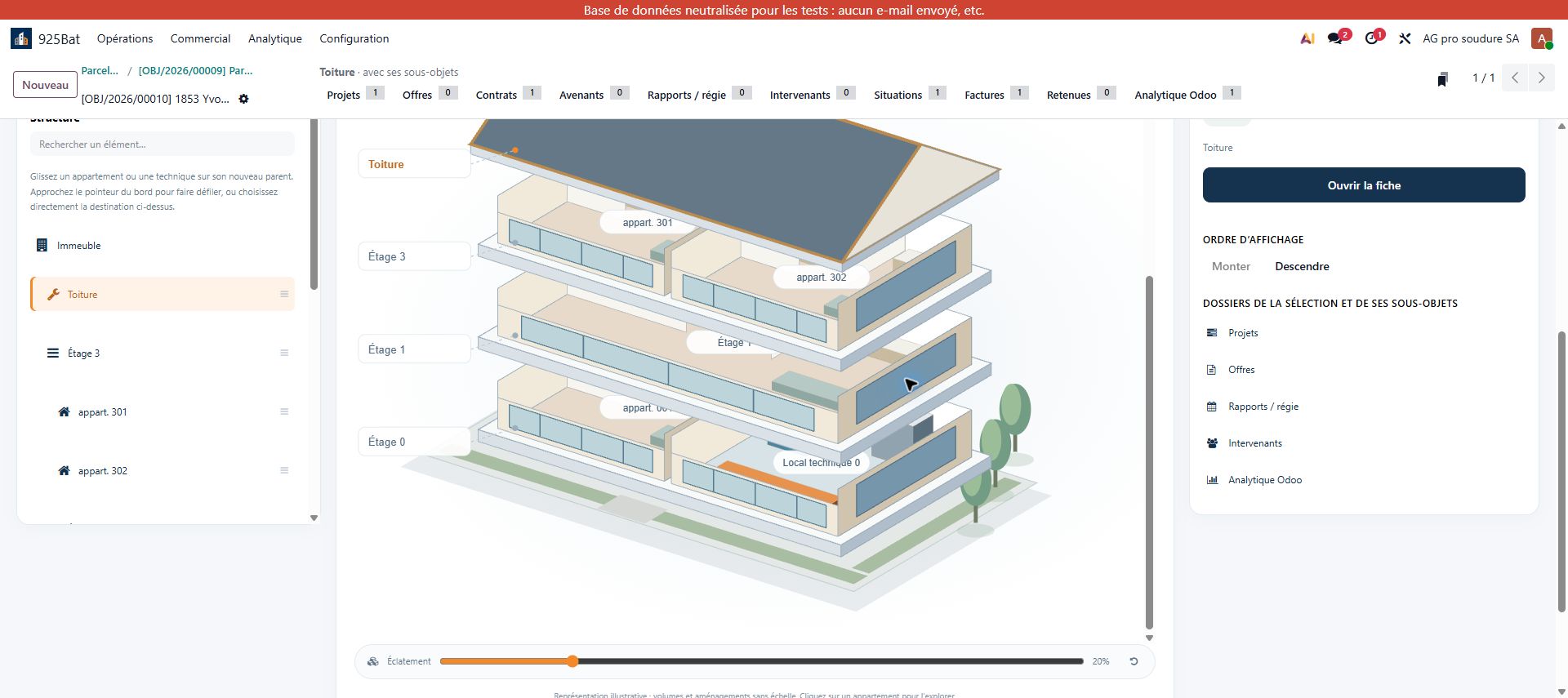 Vue réelle de la structure de l’immeuble dans 925Bat, avec ses niveaux et appartements.