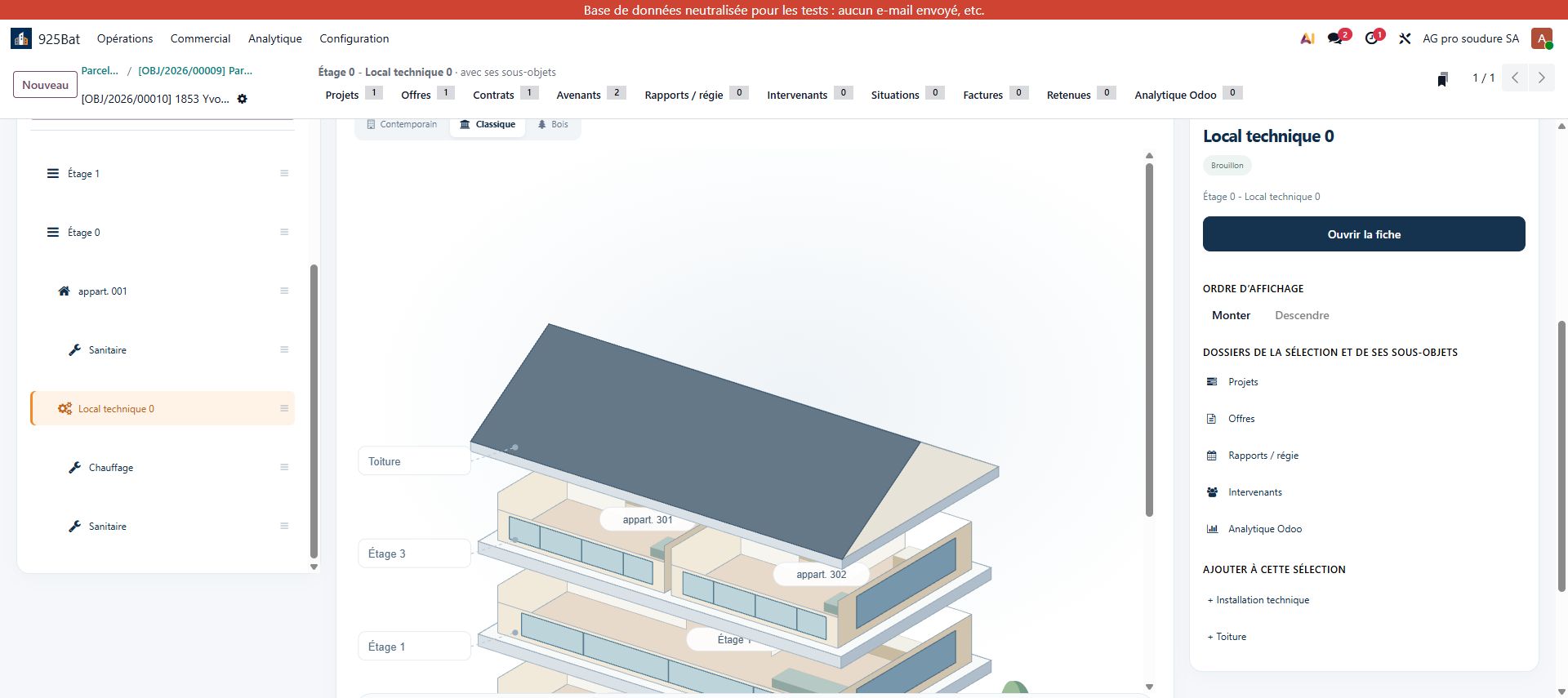 Vue réelle du local technique sélectionné dans la structure du bâtiment.