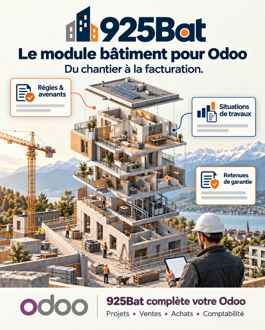 Illustration de 925Bat pour Odoo : un chantier relié aux régies, situations de travaux et retenues de garantie
